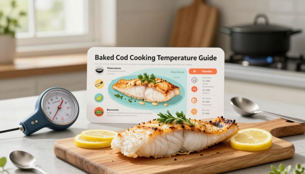 A beautifully arranged cooking-themed flat lay showcasing a "Baked Cod Cooking Temperature Guide." In the foreground, a perfectly baked cod fillet lies on a clean, wooden cutting board, garnished with fresh herbs and lemon slices. Surrounding this centerpiece, a stylish food thermometer and measuring spoons are elegantly placed. In the middle, include a visually inviting temperature chart with icons indicating ideal temperatures for baking cod, presented as colorful infographics on parchment paper. In the background, soft, natural light pours in from a window, illuminating a cozy kitchen scene with blurred pots and pans. The atmosphere exudes warmth and culinary inspiration, ideal for home cooks eager to perfect their baked cod dish. The composition is captured with a shallow depth of field to focus intently on the cod and the temperature guide. A beautifully arranged cooking-themed flat lay showcasing a "Baked Cod Cooking Temperature Guide." In the foreground, a perfectly baked cod fillet lies on a clean, wooden cutting board, garnished with fresh herbs and lemon slices. Surrounding this centerpiece, a stylish food thermometer and measuring spoons are elegantly placed. In the middle, include a visually inviting temperature chart with icons indicating ideal temperatures for baking cod, presented as colorful infographics on parchment paper. In the background, soft, natural light pours in from a window, illuminating a cozy kitchen scene with blurred pots and pans. The atmosphere exudes warmth and culinary inspiration, ideal for home cooks eager to perfect their baked cod dish. The composition is captured with a shallow depth of field to focus intently on the cod and the temperature guide.
