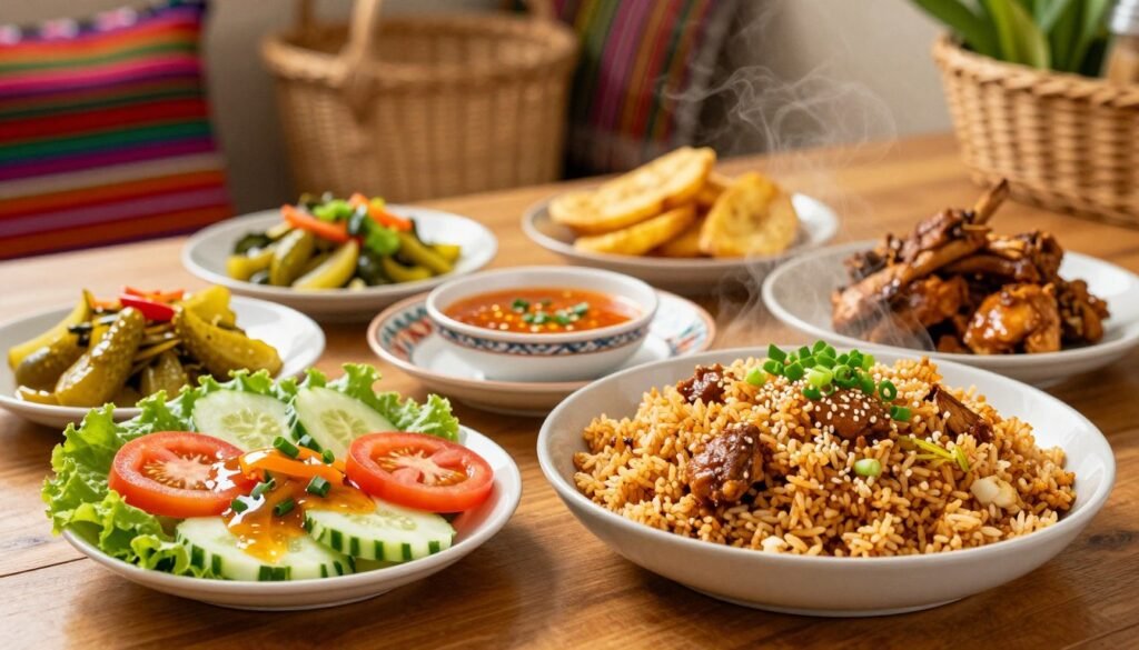 A beautifully arranged dining table showcasing vibrant side dishes that complement Adobo Chicken, the centerpiece. In the foreground, a steaming bowl of garlic fried rice, garnished with green onions and sesame seeds. Beside it, a crisp vegetable salad with fresh lettuce, tomatoes, and cucumbers drizzled with a light vinaigrette. In the middle ground, small plates of pickled vegetables and fried plantains add color and variety, while a bright, aromatic dipping sauce glistens in a decorative bowl. The background features softly blurred traditional Filipino decor, such as woven baskets and colorful textiles. Golden, warm lighting enhances the inviting atmosphere, evoking a sense of home and tradition. The scene is captured from a slightly elevated angle to provide a comprehensive view of the delicious spread. A beautifully arranged dining table showcasing vibrant side dishes that complement Adobo Chicken, the centerpiece. In the foreground, a steaming bowl of garlic fried rice, garnished with green onions and sesame seeds. Beside it, a crisp vegetable salad with fresh lettuce, tomatoes, and cucumbers drizzled with a light vinaigrette. In the middle ground, small plates of pickled vegetables and fried plantains add color and variety, while a bright, aromatic dipping sauce glistens in a decorative bowl. The background features softly blurred traditional Filipino decor, such as woven baskets and colorful textiles. Golden, warm lighting enhances the inviting atmosphere, evoking a sense of home and tradition. The scene is captured from a slightly elevated angle to provide a comprehensive view of the delicious spread.