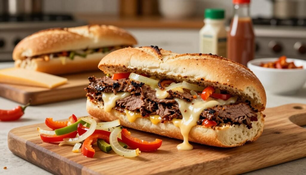 A beautifully arranged kitchen countertop featuring a mouth-watering homemade Philly cheesesteak sandwich. In the foreground, a freshly grilled, perfectly tender beef steak sliced thin, piled high on a crusty hoagie roll, melting provolone cheese cascading over the sides. Surrounding the sandwich are vibrant, sautéed onions and bell peppers, adding a colorful touch. In the middle ground, a cutting board with additional ingredients like fresh hoagie rolls, cheese, and condiments. The background reveals a cozy kitchen setting with warm, inviting lighting that highlights the textures of the food. The camera angle captures the sandwich from a slightly elevated perspective, conveying an inviting and appetizing atmosphere, ideal for a mouthwatering culinary experience. A beautifully arranged kitchen countertop featuring a mouth-watering homemade Philly cheesesteak sandwich. In the foreground, a freshly grilled, perfectly tender beef steak sliced thin, piled high on a crusty hoagie roll, melting provolone cheese cascading over the sides. Surrounding the sandwich are vibrant, sautéed onions and bell peppers, adding a colorful touch. In the middle ground, a cutting board with additional ingredients like fresh hoagie rolls, cheese, and condiments. The background reveals a cozy kitchen setting with warm, inviting lighting that highlights the textures of the food. The camera angle captures the sandwich from a slightly elevated perspective, conveying an inviting and appetizing atmosphere, ideal for a mouthwatering culinary experience.