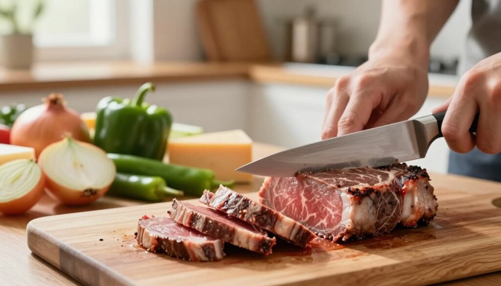 A beautifully arranged kitchen scene focused on the preparation of thinly sliced ribeye steak. In the foreground, a sharp, gleaming knife skillfully slicing through a marbled ribeye steak on a wooden cutting board, with thin, delicate slices cascading off to the side. The middle ground features an assortment of fresh vegetables and condiments, such as onions, green peppers, and cheese, ready to complement the steak. The background reveals a softly lit kitchen atmosphere with warm, inviting tones, emphasizing the culinary process. The image captures a serene and focused mood, showcasing the art of slicing meat, under natural light from a nearby window, with a shallow depth of field to emphasize the steak. A beautifully arranged kitchen scene focused on the preparation of thinly sliced ribeye steak. In the foreground, a sharp, gleaming knife skillfully slicing through a marbled ribeye steak on a wooden cutting board, with thin, delicate slices cascading off to the side. The middle ground features an assortment of fresh vegetables and condiments, such as onions, green peppers, and cheese, ready to complement the steak. The background reveals a softly lit kitchen atmosphere with warm, inviting tones, emphasizing the culinary process. The image captures a serene and focused mood, showcasing the art of slicing meat, under natural light from a nearby window, with a shallow depth of field to emphasize the steak.