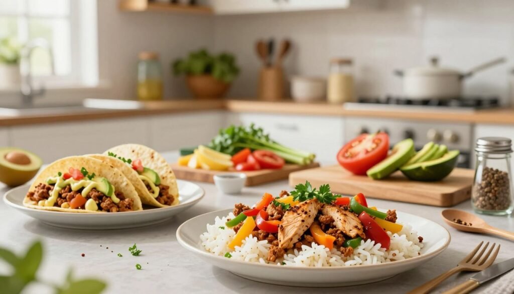 A beautifully arranged kitchen scene showcasing a variety of quick and easy ground chicken meals. In the foreground, a vibrant, plated dish features seasoned ground chicken stir-fried with colorful bell peppers and served over fluffy rice, garnished with fresh herbs. Nearby, a bowl of creamy ground chicken tacos with toppings like diced tomatoes and avocado sits enticingly. In the middle ground, a wooden cutting board displays chopped vegetables, with cooking utensils and spices artfully arranged around the dishes. The background includes a softly lit, modern kitchen with cabinets and shelves filled with cooking essentials, creating an inviting atmosphere. Natural light streams in from a window, enhancing the freshness of the ingredients and evoking a warm, homey feel. The depth of field focuses on the meals, giving a sense of delicious urgency to the quick preparation theme. A beautifully arranged kitchen scene showcasing a variety of quick and easy ground chicken meals. In the foreground, a vibrant, plated dish features seasoned ground chicken stir-fried with colorful bell peppers and served over fluffy rice, garnished with fresh herbs. Nearby, a bowl of creamy ground chicken tacos with toppings like diced tomatoes and avocado sits enticingly. In the middle ground, a wooden cutting board displays chopped vegetables, with cooking utensils and spices artfully arranged around the dishes. The background includes a softly lit, modern kitchen with cabinets and shelves filled with cooking essentials, creating an inviting atmosphere. Natural light streams in from a window, enhancing the freshness of the ingredients and evoking a warm, homey feel. The depth of field focuses on the meals, giving a sense of delicious urgency to the quick preparation theme.