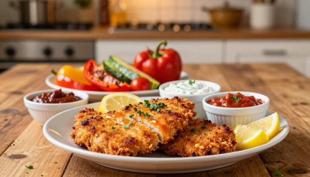 A beautifully arranged plate of golden-brown chicken cutlets, garnished with fresh herbs and lemon slices, sits in the foreground. Beside it, small bowls filled with colorful dipping sauces like tangy barbecue, creamy ranch, and zesty marinara showcase delicious serving suggestions. In the middle ground, roasted vegetables featuring vibrant bell peppers, zucchini, and cherry tomatoes add a pop of color, while a rustic wooden table setting complements the dish. In the background, a softly blurred kitchen scene with warm, inviting lighting enhances the cozy atmosphere, evoking a home-cooked meal feel. This image should convey mouthwatering appeal and a sense of warmth and culinary delight, captured with a shallow depth of field to focus on the cutlets.