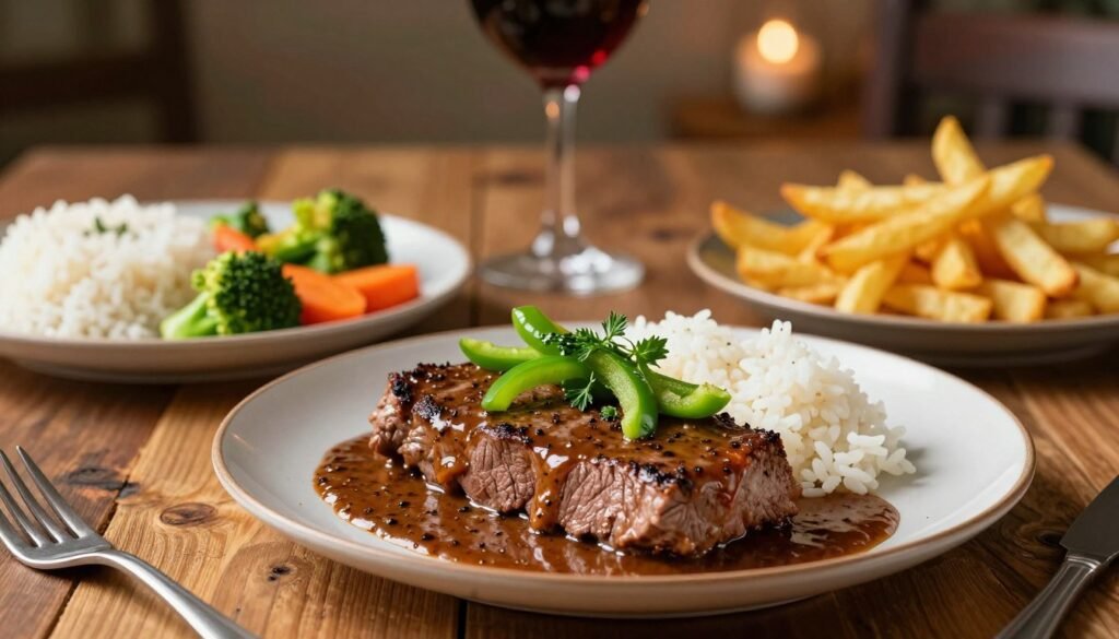 A beautifully arranged serving of homemade pepper steak on a rustic wooden table. In the foreground, a tender slice of beef is glistening in a savory black pepper sauce, garnished with vibrant green bell pepper strips and fresh herbs. Surrounding the main dish, there are colorful side options including fluffy white rice, sautéed vegetables like broccoli and carrots, and crispy French fries, all artistically plated. The middle ground features a soft-focus glass of red wine, adding elegance to the scene. In the background, warm, ambient lighting casts a cozy glow, enhancing the inviting atmosphere of a home-cooked meal. This image captures the essence of comfort food, perfect for a delightful dining experience. A beautifully arranged serving of homemade pepper steak on a rustic wooden table. In the foreground, a tender slice of beef is glistening in a savory black pepper sauce, garnished with vibrant green bell pepper strips and fresh herbs. Surrounding the main dish, there are colorful side options including fluffy white rice, sautéed vegetables like broccoli and carrots, and crispy French fries, all artistically plated. The middle ground features a soft-focus glass of red wine, adding elegance to the scene. In the background, warm, ambient lighting casts a cozy glow, enhancing the inviting atmosphere of a home-cooked meal. This image captures the essence of comfort food, perfect for a delightful dining experience.