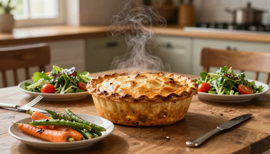 A beautifully arranged table featuring a golden-brown chicken pot pie as the centerpiece, with steam gently rising from it, indicating warmth. Surrounding the pie are colorful sides of roasted vegetables like carrots and green beans, and a fresh salad with vibrant greens and cherry tomatoes. The background shows a rustic kitchen setting with wooden cabinets and soft, warm lighting from a nearby window, creating a cozy atmosphere. A fork and knife are placed on either side of a dish, reflecting an inviting, homey mood. Capture this scene from a slightly elevated angle to emphasize the textures and colors of the food, making it look appetizing and perfect for serving suggestions. A beautifully arranged table featuring a golden-brown chicken pot pie as the centerpiece, with steam gently rising from it, indicating warmth. Surrounding the pie are colorful sides of roasted vegetables like carrots and green beans, and a fresh salad with vibrant greens and cherry tomatoes. The background shows a rustic kitchen setting with wooden cabinets and soft, warm lighting from a nearby window, creating a cozy atmosphere. A fork and knife are placed on either side of a dish, reflecting an inviting, homey mood. Capture this scene from a slightly elevated angle to emphasize the textures and colors of the food, making it look appetizing and perfect for serving suggestions.
