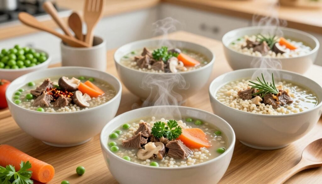 A beautifully arranged table featuring various bowls of customized beef and vegetable barley soup, showcasing different ingredients like tender beef chunks, bright green peas, vibrant carrots, and earthy mushrooms. In the foreground, highlight a steaming bowl of soup with a sprinkle of fresh parsley. The middle ground includes additional bowls with distinct variations, such as a spiced version with chili flakes and a herbed variant with rosemary. The background consists of a warm kitchen setting with wooden utensils and fresh vegetables. Soft, natural lighting illuminates the scene, creating a cozy and inviting atmosphere. The angle is slightly overhead, capturing the array of soups from a top view, emphasizing their colors and textures.