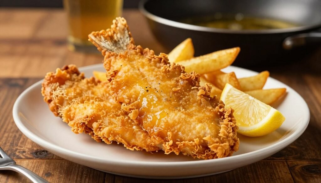 A beautifully presented plate of beer battered fish with a golden, crispy coating, prominently displayed in the foreground. The fish fillets should have an appetizing texture, showcasing the crunchy, airy batter that glistens under warm, inviting lighting. Surrounding the fish, there are a few crispy fries and a wedge of lemon, adding a splash of vibrant color. In the background, a rustic wooden table enhances the warm and cozy atmosphere, with a blurred view of a frying pan filled with oil, hinting at the cooking process. The depth of field should focus sharply on the fish while softly blurring the background to create a sense of intimacy. The overall mood should be inviting and mouth-watering, perfect for showcasing a delicious meal. A beautifully presented plate of beer battered fish with a golden, crispy coating, prominently displayed in the foreground. The fish fillets should have an appetizing texture, showcasing the crunchy, airy batter that glistens under warm, inviting lighting. Surrounding the fish, there are a few crispy fries and a wedge of lemon, adding a splash of vibrant color. In the background, a rustic wooden table enhances the warm and cozy atmosphere, with a blurred view of a frying pan filled with oil, hinting at the cooking process. The depth of field should focus sharply on the fish while softly blurring the background to create a sense of intimacy. The overall mood should be inviting and mouth-watering, perfect for showcasing a delicious meal.