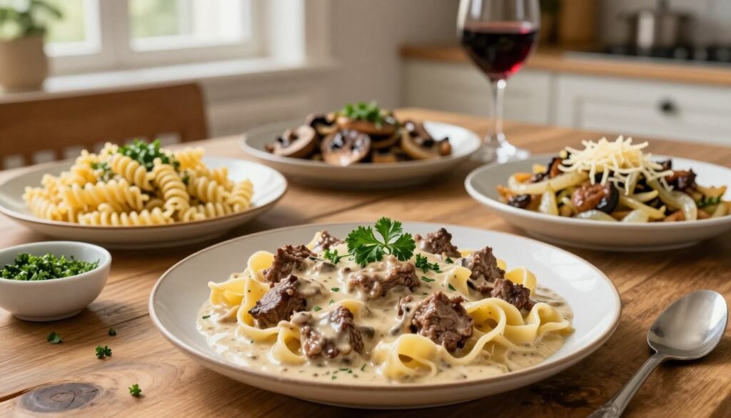 A beautifully styled plate of ground beef stroganoff, featuring a rich, creamy sauce made from cream of mushroom soup, sits in the foreground, garnished with fresh parsley. The beef is tender and intertwined with wide egg noodles, absorbing the flavorful sauce. Beside the plate, variations of the dish are showcased: one uses spiral pasta, another incorporates sautéed mushrooms and onions, and a third includes a sprinkle of cheese on top for added texture. The middle ground includes a rustic wooden table, adorned with a small bowl of fresh herbs and a glass of red wine, adding warmth to the scene. In the background, soft, diffused lighting filters through a kitchen window, creating a cozy, inviting atmosphere perfect for a family dinner. The overall mood is warm and inviting, encouraging viewers to enjoy these comforting variations of a classic dish. A beautifully styled plate of ground beef stroganoff, featuring a rich, creamy sauce made from cream of mushroom soup, sits in the foreground, garnished with fresh parsley. The beef is tender and intertwined with wide egg noodles, absorbing the flavorful sauce. Beside the plate, variations of the dish are showcased: one uses spiral pasta, another incorporates sautéed mushrooms and onions, and a third includes a sprinkle of cheese on top for added texture. The middle ground includes a rustic wooden table, adorned with a small bowl of fresh herbs and a glass of red wine, adding warmth to the scene. In the background, soft, diffused lighting filters through a kitchen window, creating a cozy, inviting atmosphere perfect for a family dinner. The overall mood is warm and inviting, encouraging viewers to enjoy these comforting variations of a classic dish.