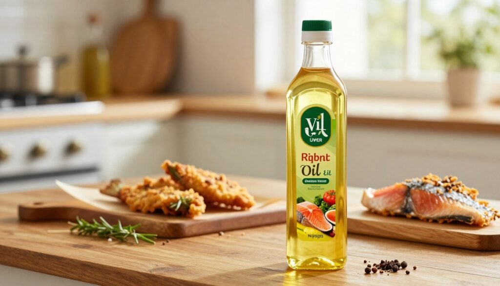 A bottle of vegetable oil prominently displayed in the foreground, with a sleek, modern design and a label featuring vibrant colors, emphasizing its suitability for frying. The middle ground includes a rustic wooden table, strewn with spices and herbs, hinting at the preparation of fish, while an assortment of fresh fish fillets lay nearby, ready to be battered. The background is softly blurred, showcasing a warm kitchen environment illuminated by natural light streaming through a window, creating a cozy and inviting atmosphere. The overall mood conveys culinary excitement and the anticipation of delicious fried fish, perfect for an article on the right oil for frying. The focus is sharp on the oil bottle, with soft bokeh effects around the other elements, emphasizing its importance. A bottle of vegetable oil prominently displayed in the foreground, with a sleek, modern design and a label featuring vibrant colors, emphasizing its suitability for frying. The middle ground includes a rustic wooden table, strewn with spices and herbs, hinting at the preparation of fish, while an assortment of fresh fish fillets lay nearby, ready to be battered. The background is softly blurred, showcasing a warm kitchen environment illuminated by natural light streaming through a window, creating a cozy and inviting atmosphere. The overall mood conveys culinary excitement and the anticipation of delicious fried fish, perfect for an article on the right oil for frying. The focus is sharp on the oil bottle, with soft bokeh effects around the other elements, emphasizing its importance.