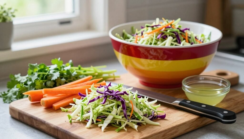 A bright, inviting kitchen scene showcasing the step-by-step preparation of cabbage slaw. In the foreground, a wooden cutting board holds freshly shredded green and purple cabbage, along with vibrant carrots, chopped cilantro, and a small bowl of lime juice. A sharp chef's knife rests beside the ingredients. The middle ground features a colorful mixing bowl filled with the slaw, partially mixed, with vibrant colors contrasting against the bowl. In the background, soft, natural light filters through a nearby window, highlighting the freshness of the vegetables. A rustic kitchen setting enhances the warm, welcoming atmosphere, evoking a sense of home cooking. The focus should be on the ingredients and tools used in the slaw preparation, capturing the essence of fresh, healthy cooking.