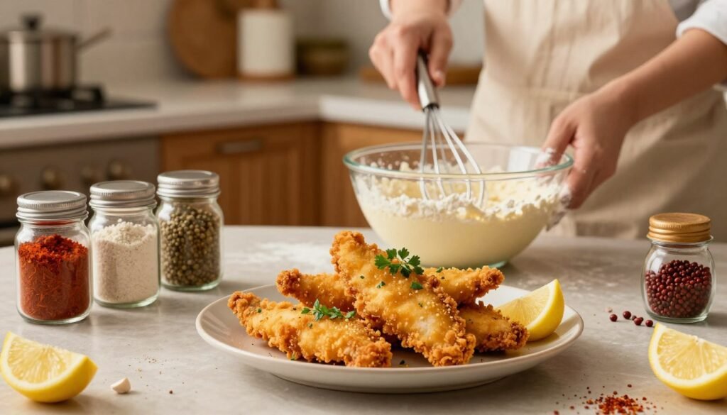 A captivating kitchen scene showcasing various beer battered fish seasoning techniques. In the foreground, a beautifully arranged plate of golden-brown, crispy beer-battered fish fillets garnished with fresh herbs and lemon wedges. Surrounding the plate, jars of spices such as paprika, garlic powder, and cayenne pepper, emphasizing the importance of seasoning. In the middle ground, a countertop with a bowl of batter and a whisk beside it, with flour-dusted hands preparing the mixture. The background features a softly lit kitchen with wooden cabinetry and subtle decorations, creating a warm, inviting atmosphere. The lighting is warm and diffused, giving a cozy feel to the scene, captured from a slightly elevated angle to emphasize the textures and details of the ingredients and finished dish. A captivating kitchen scene showcasing various beer battered fish seasoning techniques. In the foreground, a beautifully arranged plate of golden-brown, crispy beer-battered fish fillets garnished with fresh herbs and lemon wedges. Surrounding the plate, jars of spices such as paprika, garlic powder, and cayenne pepper, emphasizing the importance of seasoning. In the middle ground, a countertop with a bowl of batter and a whisk beside it, with flour-dusted hands preparing the mixture. The background features a softly lit kitchen with wooden cabinetry and subtle decorations, creating a warm, inviting atmosphere. The lighting is warm and diffused, giving a cozy feel to the scene, captured from a slightly elevated angle to emphasize the textures and details of the ingredients and finished dish.