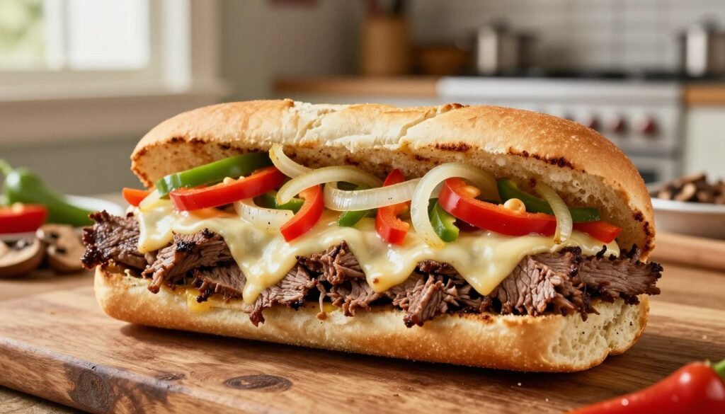 A close-up of a freshly made Philadelphia cheesesteak sandwich, prominently showcasing traditional toppings. The sandwich is overflowing with thinly sliced, juicy ribeye steak, melted provolone cheese, and a medley of sautéed onions and bell peppers, all nestled in a soft, toasted hoagie roll. In the foreground, highlight the texture of the steak, the gooey cheese, and the vibrant colors of the veggies. The middle shows a rustic wooden table setting, with additional toppings like hot peppers and mushrooms subtly visible. The background features a soft-focus kitchen environment, creating a warm and inviting atmosphere, with natural sunlight streaming in from a window. The mood is appetizing and nostalgic, reminiscent of classic Philadelphia diners. Shot with a shallow depth of field to emphasize the cheesesteak. A close-up of a freshly made Philadelphia cheesesteak sandwich, prominently showcasing traditional toppings. The sandwich is overflowing with thinly sliced, juicy ribeye steak, melted provolone cheese, and a medley of sautéed onions and bell peppers, all nestled in a soft, toasted hoagie roll. In the foreground, highlight the texture of the steak, the gooey cheese, and the vibrant colors of the veggies. The middle shows a rustic wooden table setting, with additional toppings like hot peppers and mushrooms subtly visible. The background features a soft-focus kitchen environment, creating a warm and inviting atmosphere, with natural sunlight streaming in from a window. The mood is appetizing and nostalgic, reminiscent of classic Philadelphia diners. Shot with a shallow depth of field to emphasize the cheesesteak.