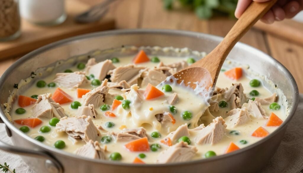 A close-up of creamy chicken pot pie filling preparation, featuring a mix of diced chicken, colorful diced vegetables like carrots and peas, and a rich, thick white sauce simmering in a skillet. In the foreground, a wooden spoon stirs the filling, with some sauce splattering around. The middle of the image shows a stainless-steel skillet on a rustic wooden countertop, with a few fresh herbs like thyme sprinkled nearby. In the background, a softly lit kitchen setting can be seen, with blurred utensils and fresh ingredients creating a cozy atmosphere. The lighting is warm and inviting, enhancing the creamy texture of the filling, evoking a sense of homely comfort and culinary delight. A close-up of creamy chicken pot pie filling preparation, featuring a mix of diced chicken, colorful diced vegetables like carrots and peas, and a rich, thick white sauce simmering in a skillet. In the foreground, a wooden spoon stirs the filling, with some sauce splattering around. The middle of the image shows a stainless-steel skillet on a rustic wooden countertop, with a few fresh herbs like thyme sprinkled nearby. In the background, a softly lit kitchen setting can be seen, with blurred utensils and fresh ingredients creating a cozy atmosphere. The lighting is warm and inviting, enhancing the creamy texture of the filling, evoking a sense of homely comfort and culinary delight.