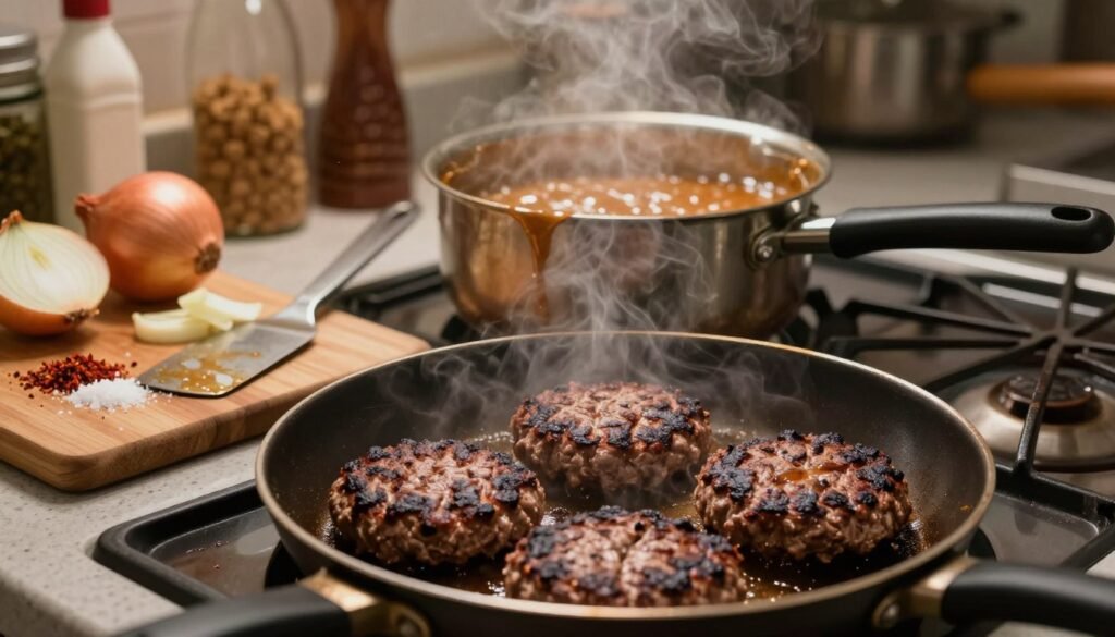 A cluttered kitchen scene showcasing common mistakes in cooking hamburger steak. In the foreground, burnt and unevenly shaped hamburger patties sitting on a frying pan with smoke rising, representing overcooking. In the middle, a pot of lumpy gravy bubbling over a stove, with splatters on the countertop and a misplaced spatula. A close-up of a cutting board with ingredients like over-salted spices and wilted onions on one side, illustrating poor prep. The background features a blurred kitchen with dim, warm overhead lighting, accentuating the chaos. The overall mood is slightly chaotic yet educational, aimed to help viewers learn from these mistakes. A cluttered kitchen scene showcasing common mistakes in cooking hamburger steak. In the foreground, burnt and unevenly shaped hamburger patties sitting on a frying pan with smoke rising, representing overcooking. In the middle, a pot of lumpy gravy bubbling over a stove, with splatters on the countertop and a misplaced spatula. A close-up of a cutting board with ingredients like over-salted spices and wilted onions on one side, illustrating poor prep. The background features a blurred kitchen with dim, warm overhead lighting, accentuating the chaos. The overall mood is slightly chaotic yet educational, aimed to help viewers learn from these mistakes.