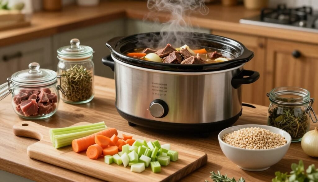 A cozy kitchen scene featuring a slow cooker filled with rich, savory beef soup preparation. In the foreground, a wooden cutting board displays chopped fresh vegetables—carrots, onions, and celery—alongside a bowl of barley, showcasing vibrant colors. The middle ground features the slow cooker, with steam gently rising, hinting at the delicious flavors inside. Surrounding it are various ingredients in rustic glass containers, including beef chunks, herbs, and spices, all set against a warm, inviting kitchen background with wooden cabinets and soft, ambient lighting. The angle is slightly elevated, capturing the entire scene in a harmonious layout that conveys a homey and comforting atmosphere, perfect for a hearty meal preparation.