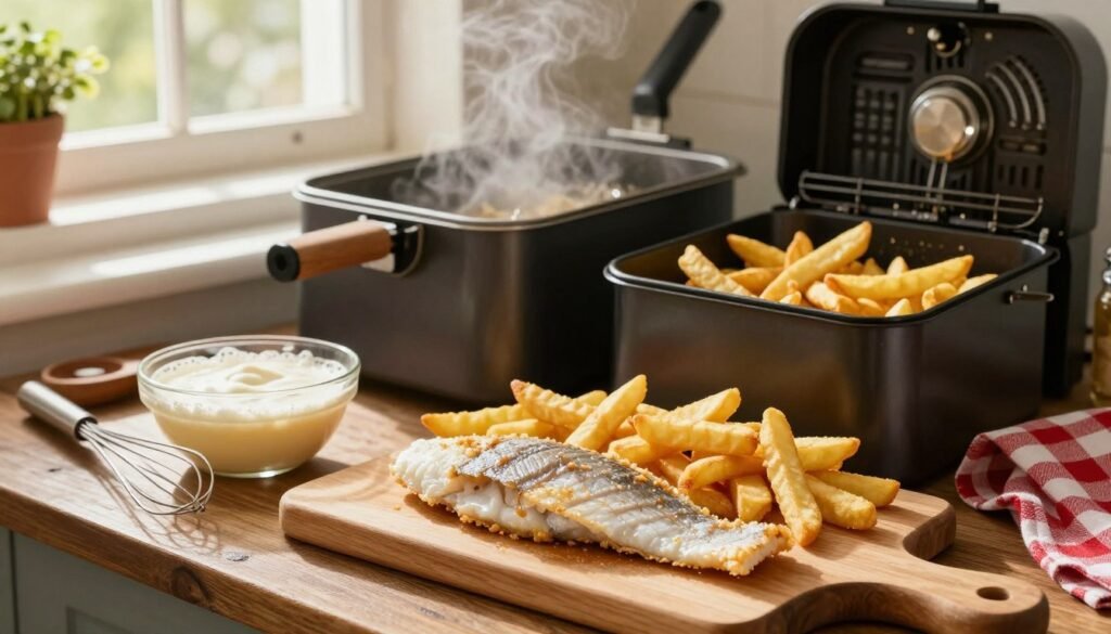 A cozy kitchen scene featuring the preparation of homemade fish and chips. In the foreground, a wooden cutting board holds freshly filleted white fish ready for beer batter, alongside crispy golden fries just out of the fryer. A bowl of frothy beer batter sits nearby, with a whisk resting next to it, indicating action. In the middle ground, a bubbling deep fryer emits steam, while a rustic table is adorned with a checked cloth. In the background, a window lets in warm afternoon light, casting soft shadows. The atmosphere is inviting and homely, evoking the sense of a comforting culinary experience. The scene captures the essence of hearty food preparation, with vibrant colors and textures highlighting the freshness of the ingredients. A cozy kitchen scene featuring the preparation of homemade fish and chips. In the foreground, a wooden cutting board holds freshly filleted white fish ready for beer batter, alongside crispy golden fries just out of the fryer. A bowl of frothy beer batter sits nearby, with a whisk resting next to it, indicating action. In the middle ground, a bubbling deep fryer emits steam, while a rustic table is adorned with a checked cloth. In the background, a window lets in warm afternoon light, casting soft shadows. The atmosphere is inviting and homely, evoking the sense of a comforting culinary experience. The scene captures the essence of hearty food preparation, with vibrant colors and textures highlighting the freshness of the ingredients.