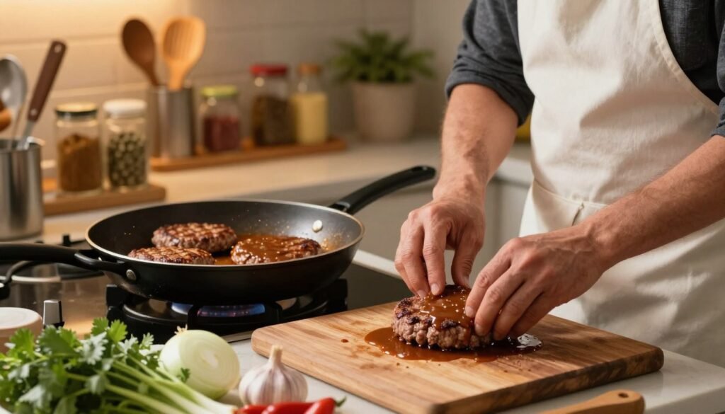 A cozy kitchen scene focused on the process of cooking hamburger steak. In the foreground, a seasoned chef, wearing a simple white apron and casual attire, shapes ground beef into patties, surrounded by fresh ingredients like chopped onions, garlic, and herbs. In the middle, a large skillet sizzles over medium-high heat, with golden-brown hamburger steaks forming delicious crusts. A splash of rich, savory gravy simmers nearby, ready to be drizzled over the steaks. The background features shelves lined with spices and cooking utensils, softly lit by warm, ambient kitchen lighting. The atmosphere is inviting and homely, evoking the joy of cooking. Capture a close-up angle that highlights the delicious details and textures of the meal in progress, with a shallow depth of field to keep the focus on the chef and the skillet. A cozy kitchen scene focused on the process of cooking hamburger steak. In the foreground, a seasoned chef, wearing a simple white apron and casual attire, shapes ground beef into patties, surrounded by fresh ingredients like chopped onions, garlic, and herbs. In the middle, a large skillet sizzles over medium-high heat, with golden-brown hamburger steaks forming delicious crusts. A splash of rich, savory gravy simmers nearby, ready to be drizzled over the steaks. The background features shelves lined with spices and cooking utensils, softly lit by warm, ambient kitchen lighting. The atmosphere is inviting and homely, evoking the joy of cooking. Capture a close-up angle that highlights the delicious details and textures of the meal in progress, with a shallow depth of field to keep the focus on the chef and the skillet.