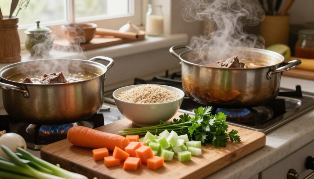 A cozy kitchen scene focusing on the preparation of traditional beef barley soup. In the foreground, a wooden cutting board is adorned with diced carrots, celery, and onions, alongside a sprig of fresh parsley. A large, gleaming pot filled with browning beef sits on a rustic stove, releasing steam. In the middle ground, a bowl filled with pearl barley is ready to join the pot, while rich beef broth simmers nearby. The background features warm, soft lighting filtering through a window, illuminating a cluttered countertop with a variety of cooking utensils and ingredients. The mood is inviting and homely, embodying the comfort of traditional cooking. The angle is slightly tilted downward, providing a chef’s perspective on the vibrant, wholesome ingredients.