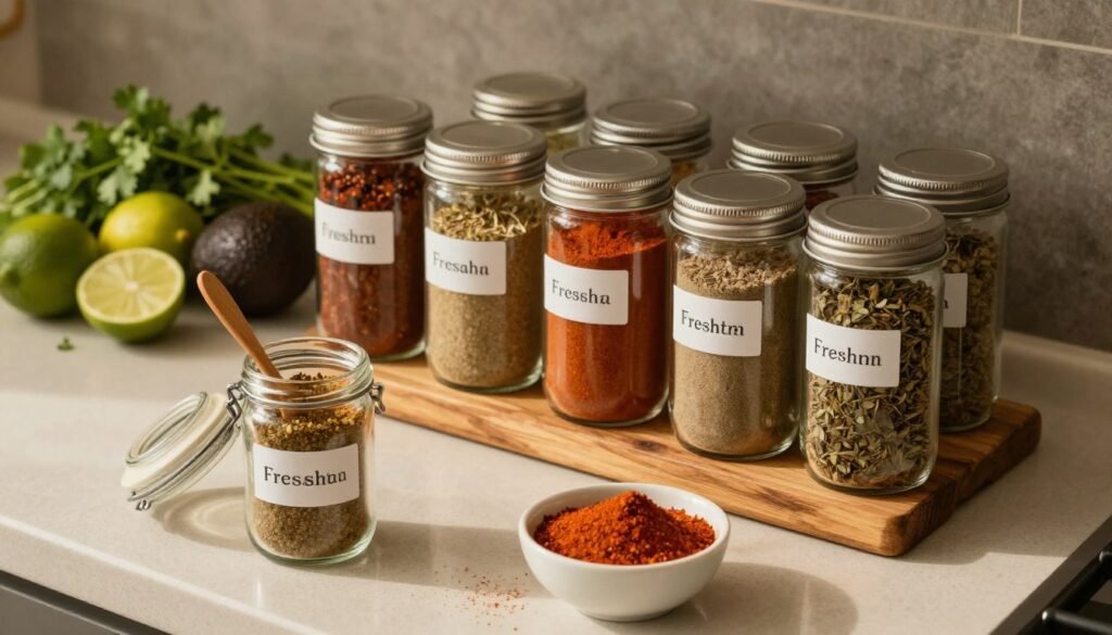 A neatly organized kitchen countertop features a variety of taco seasoning containers made from glass and metal, labeled for freshness. In the foreground, an open spice jar with a wooden spoon rests beside a small bowl filled with vibrant taco seasoning blends. The middle ground showcases labeled jars stacked on a rustic wooden shelf, each showcasing colorful seasonings like chili powder, cumin, and oregano, illuminated by warm, soft lighting. The background includes a fresh ingredient arrangement of limes, cilantro, and avocados, creating a homely, inviting atmosphere. The overall mood is warm and cozy, emphasizing the importance of proper seasoning storage for maximum flavor preservation, captured from a slight overhead angle to provide depth to the composition. A neatly organized kitchen countertop features a variety of taco seasoning containers made from glass and metal, labeled for freshness. In the foreground, an open spice jar with a wooden spoon rests beside a small bowl filled with vibrant taco seasoning blends. The middle ground showcases labeled jars stacked on a rustic wooden shelf, each showcasing colorful seasonings like chili powder, cumin, and oregano, illuminated by warm, soft lighting. The background includes a fresh ingredient arrangement of limes, cilantro, and avocados, creating a homely, inviting atmosphere. The overall mood is warm and cozy, emphasizing the importance of proper seasoning storage for maximum flavor preservation, captured from a slight overhead angle to provide depth to the composition.