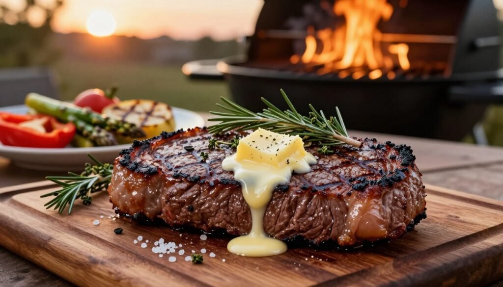 A perfectly grilled top round steak, showcasing its succulent, juicy interior and a beautifully charred exterior, sits elegantly on a wooden cutting board. The steak is garnished with a sprinkle of coarse sea salt and a blend of savory herbs, like rosemary and thyme, that add a touch of freshness. In the foreground, a molten pat of herb-infused butter slowly drips over the meat, enhancing its rich flavors. The middle ground showcases an outdoor grill, with flames licking the edges, and a few sliced grilled vegetables, such as asparagus and bell peppers, adding color and contrast. The background features a softly lit patio setting, with warm sunset hues filtering through, creating an inviting and cozy atmosphere. The image captures the essence of grilling perfection and a mouthwatering culinary experience. A perfectly grilled top round steak, showcasing its succulent, juicy interior and a beautifully charred exterior, sits elegantly on a wooden cutting board. The steak is garnished with a sprinkle of coarse sea salt and a blend of savory herbs, like rosemary and thyme, that add a touch of freshness. In the foreground, a molten pat of herb-infused butter slowly drips over the meat, enhancing its rich flavors. The middle ground showcases an outdoor grill, with flames licking the edges, and a few sliced grilled vegetables, such as asparagus and bell peppers, adding color and contrast. The background features a softly lit patio setting, with warm sunset hues filtering through, creating an inviting and cozy atmosphere. The image captures the essence of grilling perfection and a mouthwatering culinary experience.