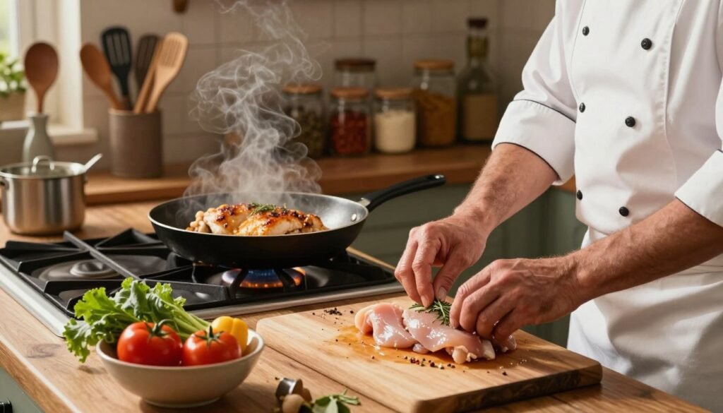 A rustic kitchen countertop filled with essential cooking tools. In the foreground, a seasoned chef in a white apron is confidently preparing tender chicken fillets, marinating them with herbs and spices. A small bowl of colorful fresh vegetables is visible, emphasizing healthy ingredients. The middle ground showcases a well-lit stove with a skillet sizzling with golden-brown chicken, releasing aromatic steam. Behind, shelves are neatly lined with jars of spices and utensils, adding depth to the scene. Soft, warm lighting bathes the entire image, creating a cozy and inviting atmosphere. The angle captures both the chef's focused expression and the vibrant food preparation, evoking the art of cooking perfect chicken meals with care and expertise. A rustic kitchen countertop filled with essential cooking tools. In the foreground, a seasoned chef in a white apron is confidently preparing tender chicken fillets, marinating them with herbs and spices. A small bowl of colorful fresh vegetables is visible, emphasizing healthy ingredients. The middle ground showcases a well-lit stove with a skillet sizzling with golden-brown chicken, releasing aromatic steam. Behind, shelves are neatly lined with jars of spices and utensils, adding depth to the scene. Soft, warm lighting bathes the entire image, creating a cozy and inviting atmosphere. The angle captures both the chef's focused expression and the vibrant food preparation, evoking the art of cooking perfect chicken meals with care and expertise.