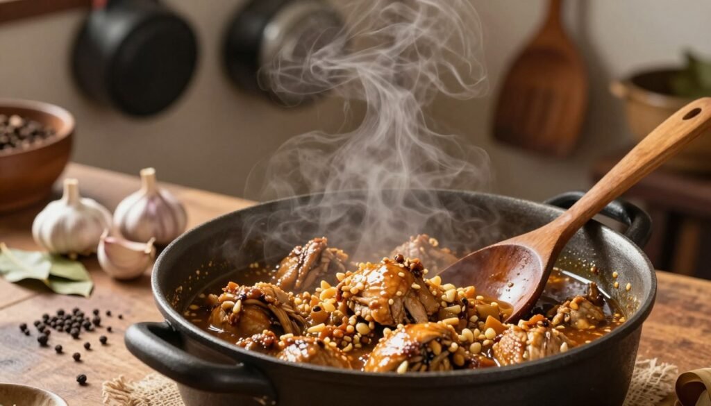 A rustic kitchen scene showcasing the traditional cooking technique of Chicken Adobo. In the foreground, a pot simmering with tender chicken pieces, glistening in a rich soy sauce, vinegar, and garlic marinade. Steam gently rises from the pot, creating a warm, inviting atmosphere. A wooden spoon rests beside the pot, illustrating the process of braising. In the middle ground, various ingredients are arranged: cloves of garlic, bay leaves, and whole peppercorns scattered around a wooden countertop. The background features a classic Filipino kitchen setting, with hanging pots and wooden utensils. Soft, warm lighting illuminates the scene, highlighting the textures of the ingredients and the pot. The overall mood is cozy and nostalgic, reflecting the heartwarming essence of traditional Filipino home cooking. A rustic kitchen scene showcasing the traditional cooking technique of Chicken Adobo. In the foreground, a pot simmering with tender chicken pieces, glistening in a rich soy sauce, vinegar, and garlic marinade. Steam gently rises from the pot, creating a warm, inviting atmosphere. A wooden spoon rests beside the pot, illustrating the process of braising. In the middle ground, various ingredients are arranged: cloves of garlic, bay leaves, and whole peppercorns scattered around a wooden countertop. The background features a classic Filipino kitchen setting, with hanging pots and wooden utensils. Soft, warm lighting illuminates the scene, highlighting the textures of the ingredients and the pot. The overall mood is cozy and nostalgic, reflecting the heartwarming essence of traditional Filipino home cooking.