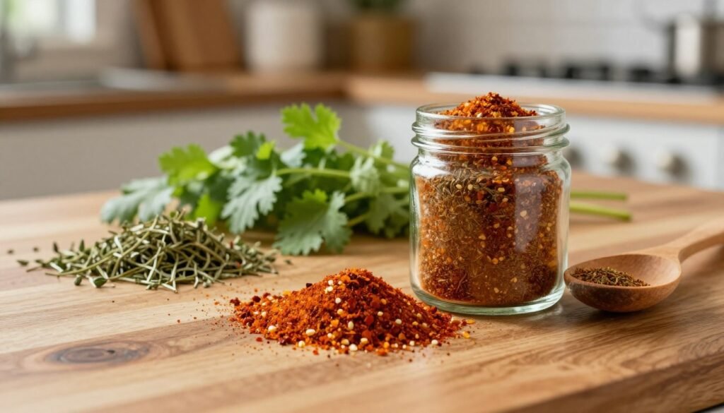 A vibrant and colorful display of Low Sodium Taco Seasoning Mix spread on a wooden kitchen countertop. In the foreground, a small transparent glass jar filled with the seasoning showcases its rich, earthy tones, including hints of chili powder, cumin, and garlic granules. Surrounding the jar, a wooden spoon rests, hinting at the preparation process. In the middle ground, ingredients like dried herbs such as oregano and cilantro add freshness, with leafy greens softly blurred. The background features a rustic kitchen setting with warm, natural lighting filtering through a window, creating an inviting and homey atmosphere. The scene is captured with a shallow depth of field, emphasizing the seasoning mix as the focal point while the kitchen tools remain slightly out of focus. A vibrant and colorful display of Low Sodium Taco Seasoning Mix spread on a wooden kitchen countertop. In the foreground, a small transparent glass jar filled with the seasoning showcases its rich, earthy tones, including hints of chili powder, cumin, and garlic granules. Surrounding the jar, a wooden spoon rests, hinting at the preparation process. In the middle ground, ingredients like dried herbs such as oregano and cilantro add freshness, with leafy greens softly blurred. The background features a rustic kitchen setting with warm, natural lighting filtering through a window, creating an inviting and homey atmosphere. The scene is captured with a shallow depth of field, emphasizing the seasoning mix as the focal point while the kitchen tools remain slightly out of focus.