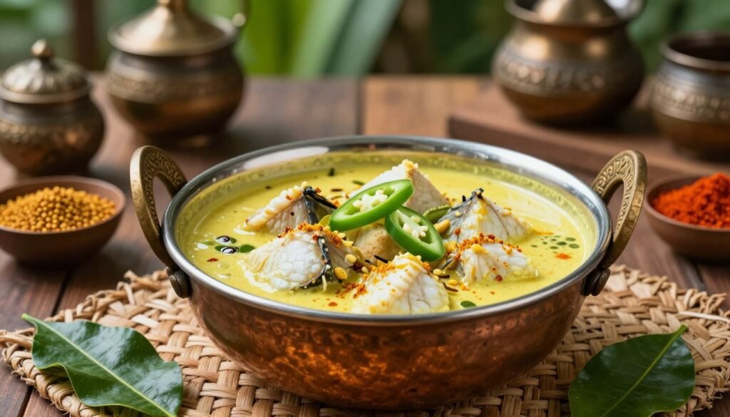 A vibrant and delicious Kerala Fish Molee Coconut Milk Curry displayed in a traditional copper bowl, filled with tender white fish pieces simmered in a creamy, golden coconut milk sauce, infused with turmeric and aromatic spices. The foreground features fresh curry leaves and slices of green chilies for garnish, surrounded by small bowls containing an array of colorful spices like mustard seeds and red chili powder. The middle ground shows a wooden table with a rustic woven mat underneath, complementing the dish's authentic look. In the background, softly blurred images of Kerala's lush greenery and traditional kitchen utensils create a warm, inviting atmosphere. Soft, natural lighting enhances the rich colors and textures of the dish, evoking a sense of comfort and culinary adventure. A vibrant and delicious Kerala Fish Molee Coconut Milk Curry displayed in a traditional copper bowl, filled with tender white fish pieces simmered in a creamy, golden coconut milk sauce, infused with turmeric and aromatic spices. The foreground features fresh curry leaves and slices of green chilies for garnish, surrounded by small bowls containing an array of colorful spices like mustard seeds and red chili powder. The middle ground shows a wooden table with a rustic woven mat underneath, complementing the dish's authentic look. In the background, softly blurred images of Kerala's lush greenery and traditional kitchen utensils create a warm, inviting atmosphere. Soft, natural lighting enhances the rich colors and textures of the dish, evoking a sense of comfort and culinary adventure.