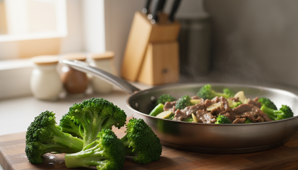 A vibrant and detailed culinary scene featuring crisp tender broccoli as the focal point. In the foreground, a close-up view of fresh broccoli florets steamed to a bright green perfection, glistening with droplets of water. The middle ground showcases a frying pan with the broccoli and thin strips of beef sizzling together in a light, flavorful sauce, with garlic and ginger pieces visible. The background features a softly blurred kitchen environment, illuminated by warm, natural light streaming in from a nearby window, creating a cozy atmosphere. The angle captures the action of cooking, emphasizing the texture and vibrant colors of the ingredients. Aim for a mouthwatering and inviting mood that emphasizes the freshness and appeal of the dish, without any text or distractions.