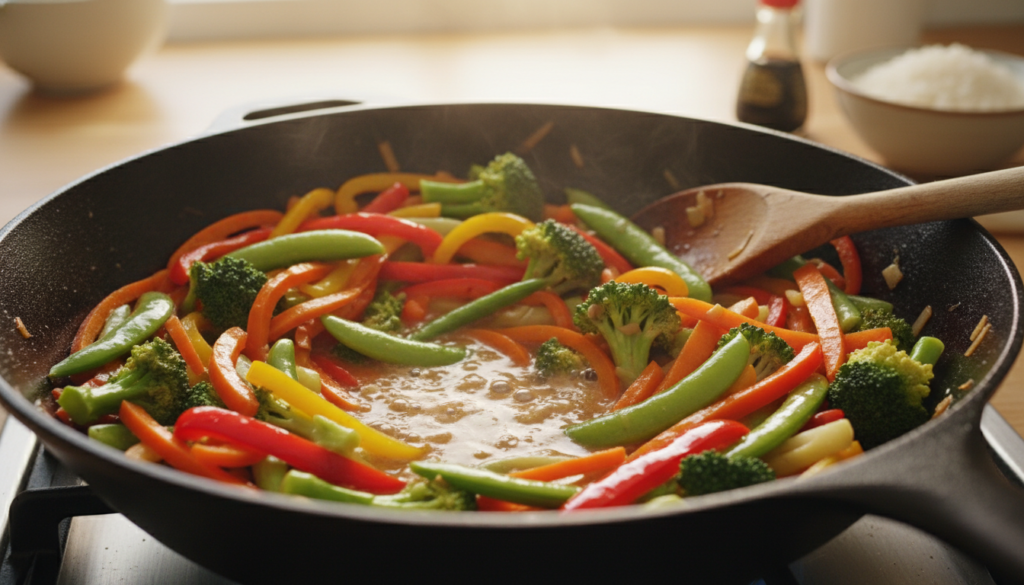 A vibrant and inviting vegetable stir fry scene, showcasing a variety of fresh vegetables like crisp broccoli, colorful bell peppers, vibrant carrots, and lush snap peas, all sizzling together in a large wok. In the foreground, the stir fry glistens with a light, glossy sauce, highlighting its rich colors and textures. In the middle ground, a wooden spoon rests against the edge of the wok, hinting at a recent stir-frying action. The background features a softly blurred kitchen setting with natural light streaming through a window, casting warm highlights on the vegetables, creating an inviting and homely atmosphere. The composition should emphasize the freshness and appeal of customizing stir fry dishes, capturing a sense of flavor and healthiness. Use a high-resolution capture with a shallow depth of field to enhance focus on the vibrant colors and glossy textures.