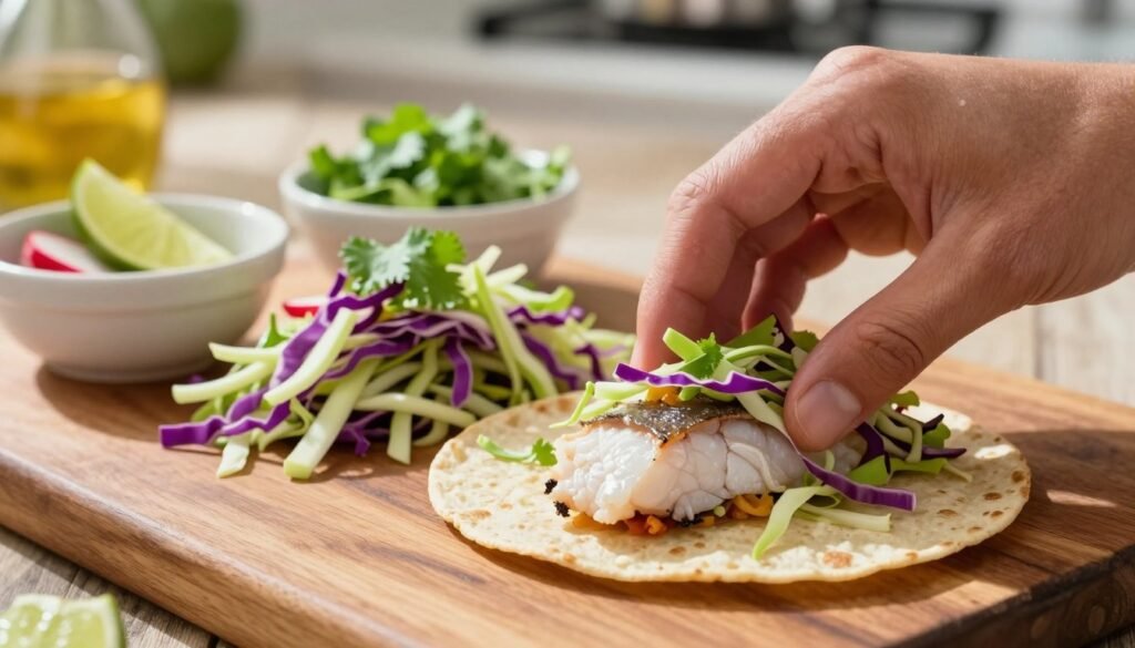 A vibrant, close-up view of a fish taco assembly process on a rustic wooden table. The foreground showcases a hand, gently placing a perfectly cooked piece of flaky white fish onto a warm corn tortilla. Bright, colorful cabbage slaw, featuring shades of purple and green, is artfully piled next to the fish. In the middle, various toppings including sliced radishes, fresh cilantro, and a small bowl of lime wedges add a pop of color and freshness. The background includes subtle hints of a sunny kitchen with soft, natural light illuminating the scene, casting gentle shadows that evoke a warm, inviting atmosphere. The focus is sharp on the assembly, capturing the texture of the ingredients, while the surrounding elements blur slightly to emphasize the taco preparation.