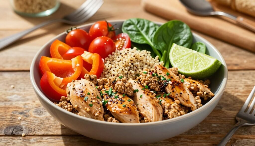 A vibrant, healthy ground chicken protein bowl set on a rustic wooden table. In the foreground, a colorful bowl filled with perfectly seasoned ground chicken, garnished with fresh herbs and spices. Surrounding the chicken are bright vegetables such as chopped bell peppers, cherry tomatoes, and leafy spinach, creating a visually appealing dish. In the middle ground, a subtle sprinkle of quinoa adds texture and nutrition, while a wedge of lime rests on the side for a burst of flavor. The background features softly blurred kitchen utensils and a cutting board, enhancing the home-cooked feel. The scene is warmly lit with natural sunlight, casting inviting shadows, evoking a cozy and health-conscious atmosphere. The angle is slightly overhead, capturing the entire arrangement beautifully without any distractions. A vibrant, healthy ground chicken protein bowl set on a rustic wooden table. In the foreground, a colorful bowl filled with perfectly seasoned ground chicken, garnished with fresh herbs and spices. Surrounding the chicken are bright vegetables such as chopped bell peppers, cherry tomatoes, and leafy spinach, creating a visually appealing dish. In the middle ground, a subtle sprinkle of quinoa adds texture and nutrition, while a wedge of lime rests on the side for a burst of flavor. The background features softly blurred kitchen utensils and a cutting board, enhancing the home-cooked feel. The scene is warmly lit with natural sunlight, casting inviting shadows, evoking a cozy and health-conscious atmosphere. The angle is slightly overhead, capturing the entire arrangement beautifully without any distractions.