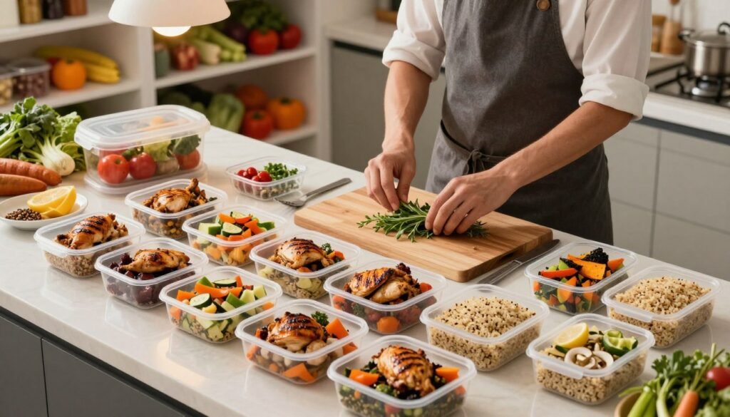 A vibrant kitchen countertop showcasing a variety of meal prep strategies for chicken dishes. In the foreground, neatly arranged containers filled with delicious grilled chicken, colorful roasted vegetables, and grains such as quinoa and brown rice. In the middle, a pair of hands in professional attire are expertly preparing fresh ingredients, including herbs and spices, with chopping boards and utensils. The background features a well-organized pantry and fresh produce, with a warm, inviting ambiance created by soft lighting coming from an overhead fixture. The scene conveys a sense of health, organization, and culinary creativity, ideal for illustrating meal prep techniques for a week of healthy chicken meals. Use a slightly overhead angle to capture the full layout. A vibrant kitchen countertop showcasing a variety of meal prep strategies for chicken dishes. In the foreground, neatly arranged containers filled with delicious grilled chicken, colorful roasted vegetables, and grains such as quinoa and brown rice. In the middle, a pair of hands in professional attire are expertly preparing fresh ingredients, including herbs and spices, with chopping boards and utensils. The background features a well-organized pantry and fresh produce, with a warm, inviting ambiance created by soft lighting coming from an overhead fixture. The scene conveys a sense of health, organization, and culinary creativity, ideal for illustrating meal prep techniques for a week of healthy chicken meals. Use a slightly overhead angle to capture the full layout.