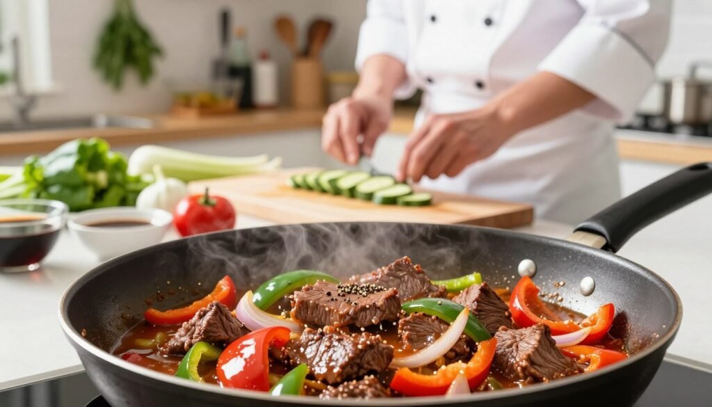 A vibrant kitchen scene depicting the cooking process of pepper steak. In the foreground, a sizzling skillet filled with tender strips of beef, colorful bell peppers, and onions stir-fried in a rich, glossy savory sauce. Add a sprinkle of freshly cracked black pepper, enhancing the aroma. In the middle ground, a wooden cutting board displays sliced vegetables and a bowl of soy sauce, with a chef in professional attire actively engaged in preparation, showcasing focus and expertise. The background features a well-lit kitchen with herbs hanging and kitchen utensils neatly arranged. Soft, warm lighting enhances the inviting, homey atmosphere, capturing the essence of a lively, aromatic cooking experience. A vibrant kitchen scene depicting the cooking process of pepper steak. In the foreground, a sizzling skillet filled with tender strips of beef, colorful bell peppers, and onions stir-fried in a rich, glossy savory sauce. Add a sprinkle of freshly cracked black pepper, enhancing the aroma. In the middle ground, a wooden cutting board displays sliced vegetables and a bowl of soy sauce, with a chef in professional attire actively engaged in preparation, showcasing focus and expertise. The background features a well-lit kitchen with herbs hanging and kitchen utensils neatly arranged. Soft, warm lighting enhances the inviting, homey atmosphere, capturing the essence of a lively, aromatic cooking experience.