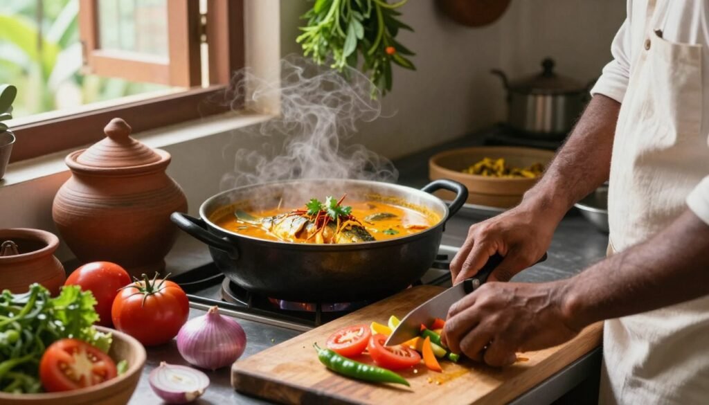 A vibrant kitchen scene depicting the preparation of authentic Kerala coastal fish curry. In the foreground, a skilled cook in modest casual clothing is expertly chopping fresh, colorful vegetables like tomatoes, onions, and green chilies on a wooden cutting board. In the middle, a gleaming pot simmering with fish and aromatic spices like turmeric, coriander, and coconut milk, producing steam and a rich, inviting aroma. The background features traditional Kerala kitchen elements, such as clay pots and fresh herbs hanging. The warm, natural light from a nearby window casts soft shadows, creating an inviting and homely atmosphere, perfect for illustrating the step-by-step cooking process of a perfect seafood meal. A vibrant kitchen scene depicting the preparation of authentic Kerala coastal fish curry. In the foreground, a skilled cook in modest casual clothing is expertly chopping fresh, colorful vegetables like tomatoes, onions, and green chilies on a wooden cutting board. In the middle, a gleaming pot simmering with fish and aromatic spices like turmeric, coriander, and coconut milk, producing steam and a rich, inviting aroma. The background features traditional Kerala kitchen elements, such as clay pots and fresh herbs hanging. The warm, natural light from a nearby window casts soft shadows, creating an inviting and homely atmosphere, perfect for illustrating the step-by-step cooking process of a perfect seafood meal.