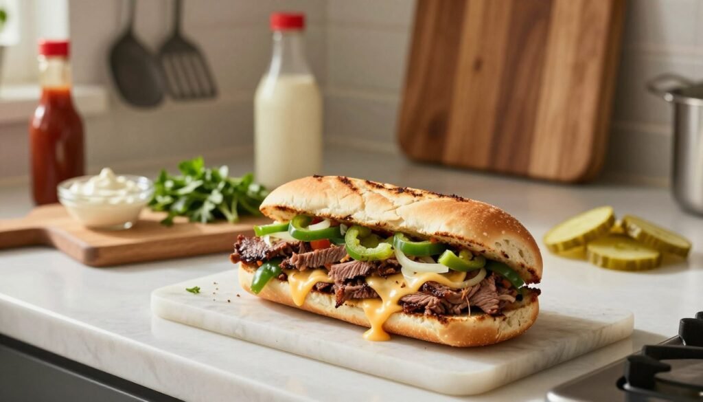 A well-lit kitchen countertop scene featuring the assembly of a homemade Philly cheesesteak sandwich. In the foreground, freshly grilled thinly sliced steak is piled atop a toasted hoagie roll, surrounded by colorful sautéed green bell peppers, onions, and melted provolone cheese oozing out. The midground shows a cutting board with additional sandwich components: fresh herbs, condiments like mayonnaise and hot sauce, and sliced pickles. Background elements include a soft-focus kitchen setting with hanging utensils and a wooden cutting board for a cozy, homey atmosphere. Warm natural lighting creates a welcoming ambiance, emphasizing the textures of the ingredients. The angle is slightly overhead, showcasing the ingredients in a balanced composition without any text or distractions. A well-lit kitchen countertop scene featuring the assembly of a homemade Philly cheesesteak sandwich. In the foreground, freshly grilled thinly sliced steak is piled atop a toasted hoagie roll, surrounded by colorful sautéed green bell peppers, onions, and melted provolone cheese oozing out. The midground shows a cutting board with additional sandwich components: fresh herbs, condiments like mayonnaise and hot sauce, and sliced pickles. Background elements include a soft-focus kitchen setting with hanging utensils and a wooden cutting board for a cozy, homey atmosphere. Warm natural lighting creates a welcoming ambiance, emphasizing the textures of the ingredients. The angle is slightly overhead, showcasing the ingredients in a balanced composition without any text or distractions.