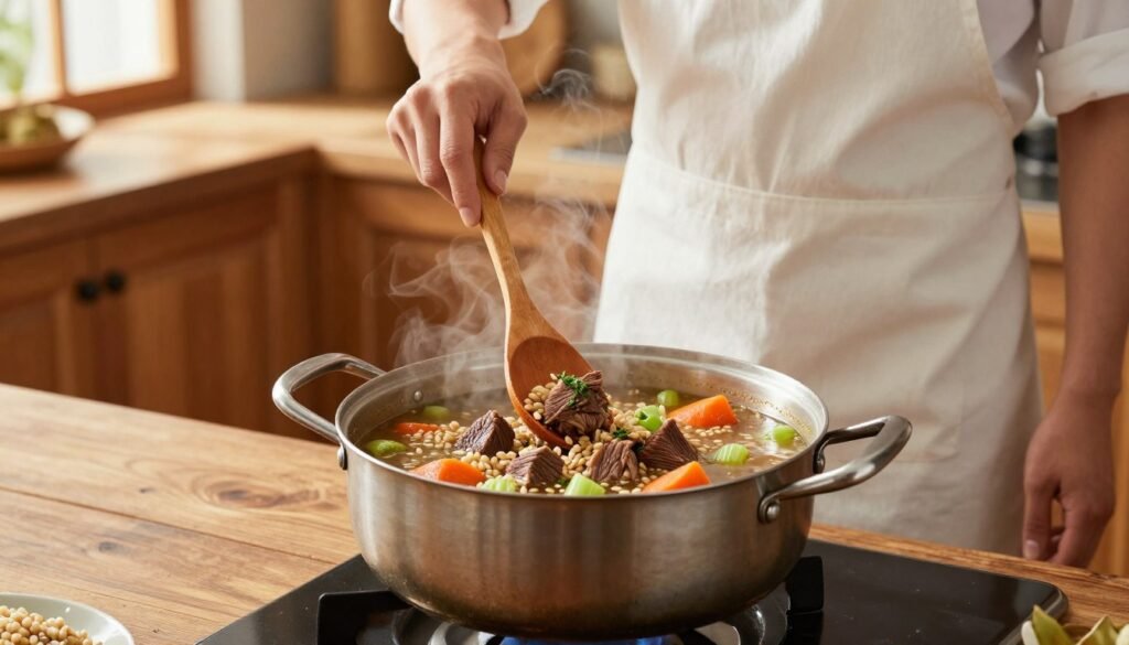 Beef barley soup cooking process in a cozy kitchen. In the foreground, a rustic wooden table displays a pot simmering on the stove filled with tender chunks of beef, bright orange carrots, and green celery, all surrounded by grains of barley. In the middle, a chef in a simple white apron stirs the pot with a wooden spoon, showcasing the rich, savory broth with herbs sprinkled on top. The background features warm wooden cabinets and a window letting in soft, natural light that highlights the steam rising from the pot. The atmosphere is inviting and homey, evoking a sense of comfort and warmth, perfect for a heartwarming meal. Capture this scene with a 50mm lens to focus on the details of the soup and the chef's actions.