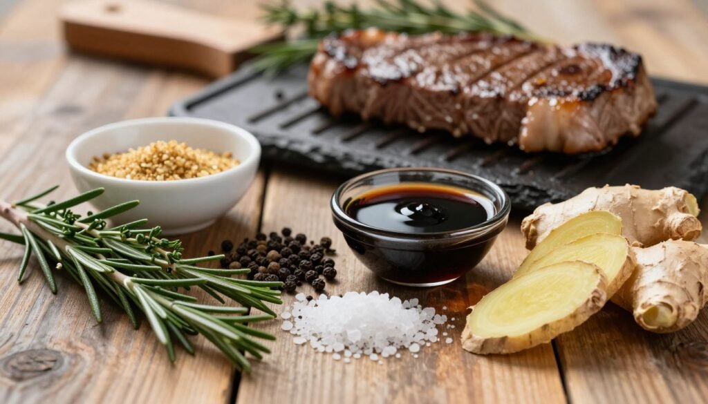 A beautifully arranged collection of steak marinade ingredients on a rustic wooden table. In the foreground, vibrant fresh herbs like rosemary and thyme, along with a small bowl of crushed garlic and slices of fresh ginger. In the middle, an assortment of spices, including black peppercorns, coarse sea salt, and a small dish of balsamic vinegar, glistening in the light. The background features a softly blurred image of a sizzling sirloin steak on a grill, imparting a warm, inviting atmosphere. Soft, natural lighting casts gentle shadows, enhancing the textures of the ingredients. The overall mood is appetizing and rustic, conveying a sense of culinary creativity and gourmet quality. A beautifully arranged collection of steak marinade ingredients on a rustic wooden table. In the foreground, vibrant fresh herbs like rosemary and thyme, along with a small bowl of crushed garlic and slices of fresh ginger. In the middle, an assortment of spices, including black peppercorns, coarse sea salt, and a small dish of balsamic vinegar, glistening in the light. The background features a softly blurred image of a sizzling sirloin steak on a grill, imparting a warm, inviting atmosphere. Soft, natural lighting casts gentle shadows, enhancing the textures of the ingredients. The overall mood is appetizing and rustic, conveying a sense of culinary creativity and gourmet quality.
