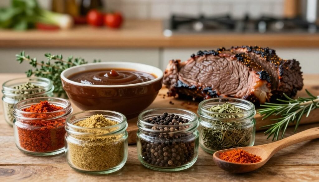 A beautifully arranged display of flavor-packed seasonings for slow-cooked beef, focusing on top round roast. In the foreground, feature small glass jars filled with vibrant spices like paprika, garlic powder, black pepper, and dried herbs, with a wooden spoon resting beside them. In the middle, place a glossy ceramic bowl of rich, dark sauce, perhaps a barbecue or savory broth, alongside fresh herbs like thyme and rosemary for added color. The background should be softly blurred, showcasing a rustic kitchen counter with hints of fresh vegetables and cooking utensils. Warm, soft lighting casts a cozy ambiance, accentuating the richness of the colors and textures. The overall mood is inviting, evoking a sense of comfort and home-cooked goodness.