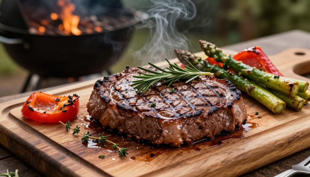 A beautifully arranged grilled top round steak on a rustic wooden cutting board, showcasing perfectly seared grill marks glistening with juices. The steak is garnished with fresh herbs such as rosemary and thyme, along with a side of vibrant roasted vegetables including bell peppers and asparagus. In the background, a well-used grill is visible, with smoke gently wafting through the warm evening air, creating a cozy, inviting atmosphere. The composition is captured from a slightly elevated angle, emphasizing the details of the steak and the vibrant colors of the vegetables. Natural, soft lighting highlights the textures of the meat while creating an appetizing ambiance, perfect for illustrating grilling techniques. The overall mood is inviting and warm, ideal for conveying the experience of preparing a delicious meal.