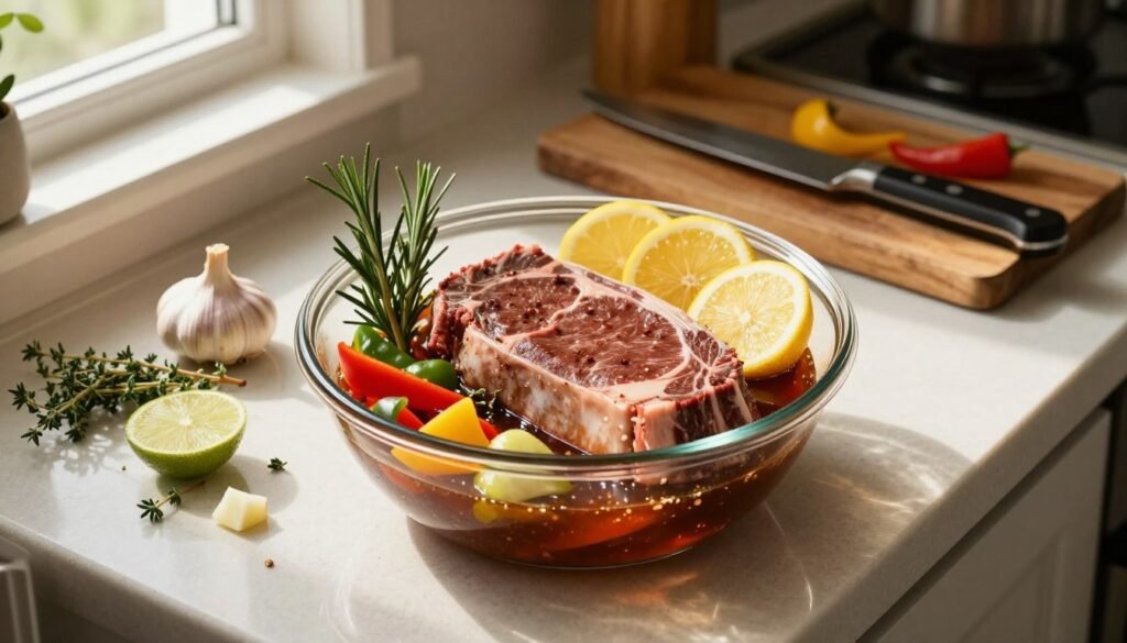 A beautifully arranged kitchen countertop featuring a marinating sirloin steak. The sirloin is nestled in a glass bowl, surrounded by fresh herbs like rosemary and thyme, alongside a vibrant assortment of diced garlic, citrus slices (lemons and limes), and colorful peppers. The bowl is partially filled with a rich, dark marinade glistening under soft, warm kitchen lighting. In the background, a rustic wooden cutting board holds additional marinade ingredients, with a sharp chef’s knife resting beside it. The scene captures a cozy, inviting atmosphere, as sunlight streams through an adjacent window, illuminating the marinating process and enhancing the textures of the meat and fresh produce. The overall composition is focused, demonstrating the art of marinating steak with a warm, home-cooked vibe.