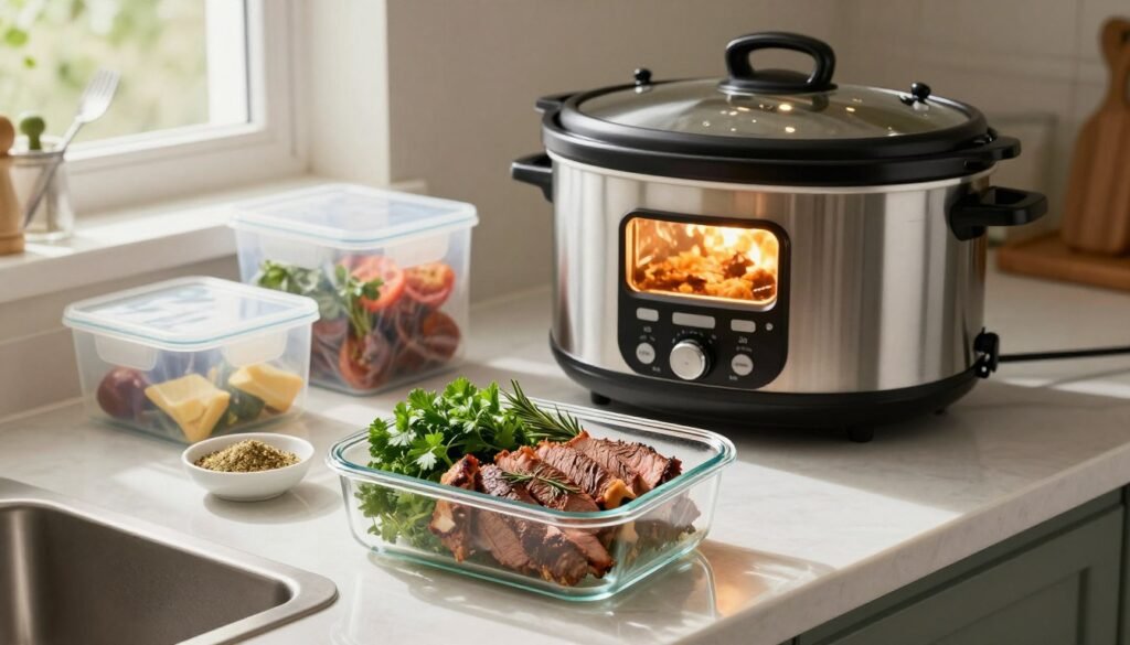 A beautifully arranged kitchen countertop scene focused on London Broil storage and reheating. In the foreground, a glass container filled with sliced London Broil alongside fresh herbs like parsley and rosemary, and a small dish of seasoning. In the middle, a slow cooker with a cozy, warm glow, indicating a flavorful meal being prepared. In the background, neatly organized storage bags and utensils for reheating, with a soft, inviting kitchen ambiance. Natural light streams through a nearby window, creating a warm, homey atmosphere. The lens captures the scene at a slight angle, highlighting the textures and colors of the food and surrounding elements while ensuring a clean and professional finish. A beautifully arranged kitchen countertop scene focused on London Broil storage and reheating. In the foreground, a glass container filled with sliced London Broil alongside fresh herbs like parsley and rosemary, and a small dish of seasoning. In the middle, a slow cooker with a cozy, warm glow, indicating a flavorful meal being prepared. In the background, neatly organized storage bags and utensils for reheating, with a soft, inviting kitchen ambiance. Natural light streams through a nearby window, creating a warm, homey atmosphere. The lens captures the scene at a slight angle, highlighting the textures and colors of the food and surrounding elements while ensuring a clean and professional finish.