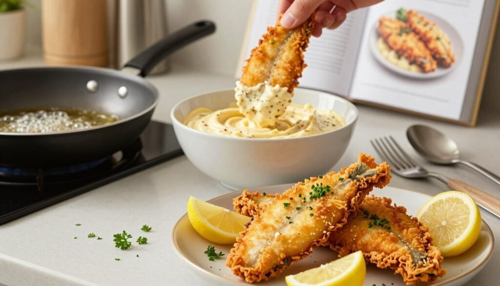 A beautifully arranged kitchen countertop showcasing the step-by-step preparation of fried cod. In the foreground, a large plate of golden-brown fried cod fillets, perfectly crispy, garnished with fresh lemon wedges and a sprinkle of parsley. In the middle ground, a bowl of homemade fish batter, rich and creamy, with various spices visible. A fish fillet is being dipped into the batter, captured mid-action. In the background, kitchen utensils, a frying pan with bubbling oil, and a cookbook opened to a fried cod recipe create a warm and inviting atmosphere. Soft, natural lighting highlights the textures of the fish and batter, with a shallow depth of field focusing on the frying process, evoking a sense of culinary passion and excitement. A beautifully arranged kitchen countertop showcasing the step-by-step preparation of fried cod. In the foreground, a large plate of golden-brown fried cod fillets, perfectly crispy, garnished with fresh lemon wedges and a sprinkle of parsley. In the middle ground, a bowl of homemade fish batter, rich and creamy, with various spices visible. A fish fillet is being dipped into the batter, captured mid-action. In the background, kitchen utensils, a frying pan with bubbling oil, and a cookbook opened to a fried cod recipe create a warm and inviting atmosphere. Soft, natural lighting highlights the textures of the fish and batter, with a shallow depth of field focusing on the frying process, evoking a sense of culinary passion and excitement.