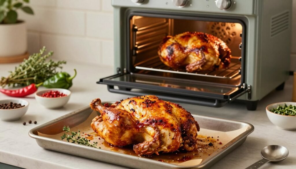 A beautifully arranged kitchen scene showcasing the cooking methods for oven jerk chicken. In the foreground, a seasoned marinated chicken is placed on a stylish baking tray, glistening with spices and herbs. In the middle ground, a traditional oven with the door slightly ajar reveals the vibrant chicken inside, roasting to golden perfection. The background features fresh ingredients such as thyme, allspice, and Scotch bonnet peppers artfully displayed on a countertop, along with measuring spoons and marinade bowls. The lighting is warm and inviting, creating an appetizing atmosphere. A shallow depth of field focuses on the chicken, while soft shadows add depth to the scene, evoking a cozy, home-cooking vibe. A beautifully arranged kitchen scene showcasing the cooking methods for oven jerk chicken. In the foreground, a seasoned marinated chicken is placed on a stylish baking tray, glistening with spices and herbs. In the middle ground, a traditional oven with the door slightly ajar reveals the vibrant chicken inside, roasting to golden perfection. The background features fresh ingredients such as thyme, allspice, and Scotch bonnet peppers artfully displayed on a countertop, along with measuring spoons and marinade bowls. The lighting is warm and inviting, creating an appetizing atmosphere. A shallow depth of field focuses on the chicken, while soft shadows add depth to the scene, evoking a cozy, home-cooking vibe.