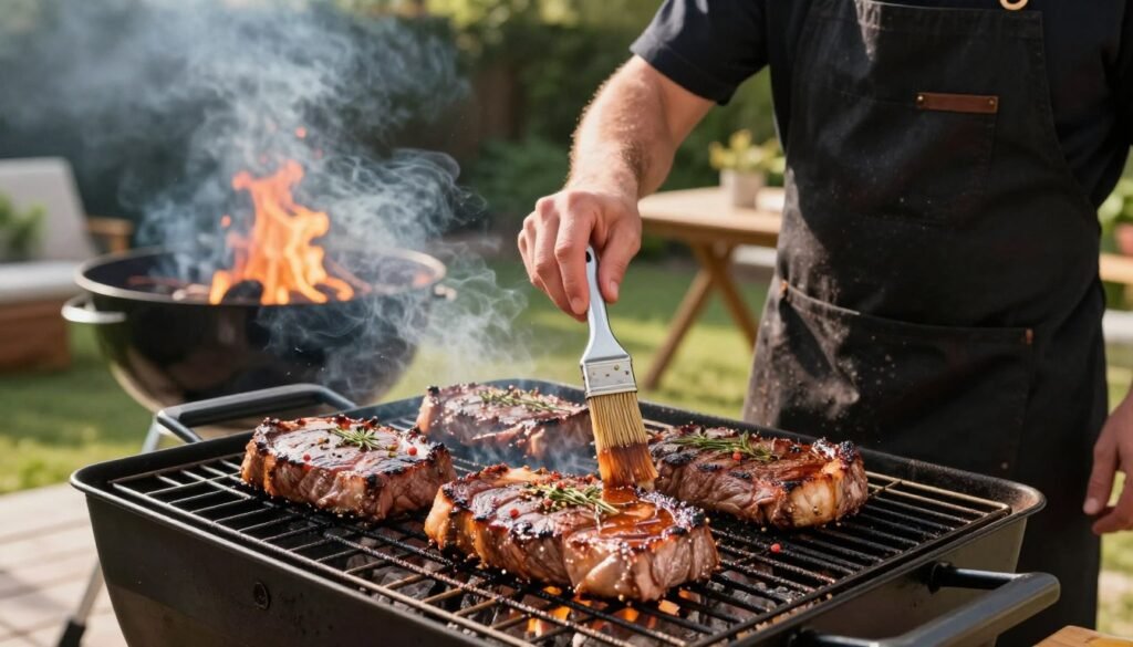 A beautifully arranged outdoor grilling scene showcasing the techniques of grilling marinated sirloin steak. In the foreground, a seasoned grill master in a stylish black apron applies marinade with a basting brush on juicy, perfectly cut sirloin steaks sizzling on the grill. The steaks are adorned with herbs and spices, glistening under warm afternoon sunlight, creating an inviting atmosphere. In the middle ground, a charcoal grill is fired up, with smoke wafting in the air, enhancing the grilling experience. In the background, subtle hints of a lush garden and outdoor furniture set a relaxed mood. The image captures the vibrant colors of the meat and marinades, with a shallow depth of field highlighting the grill master’s focused expression. Warm, natural lighting enhances the inviting tone, inviting viewers to imagine the delightful aroma of grilling. A beautifully arranged outdoor grilling scene showcasing the techniques of grilling marinated sirloin steak. In the foreground, a seasoned grill master in a stylish black apron applies marinade with a basting brush on juicy, perfectly cut sirloin steaks sizzling on the grill. The steaks are adorned with herbs and spices, glistening under warm afternoon sunlight, creating an inviting atmosphere. In the middle ground, a charcoal grill is fired up, with smoke wafting in the air, enhancing the grilling experience. In the background, subtle hints of a lush garden and outdoor furniture set a relaxed mood. The image captures the vibrant colors of the meat and marinades, with a shallow depth of field highlighting the grill master’s focused expression. Warm, natural lighting enhances the inviting tone, inviting viewers to imagine the delightful aroma of grilling.