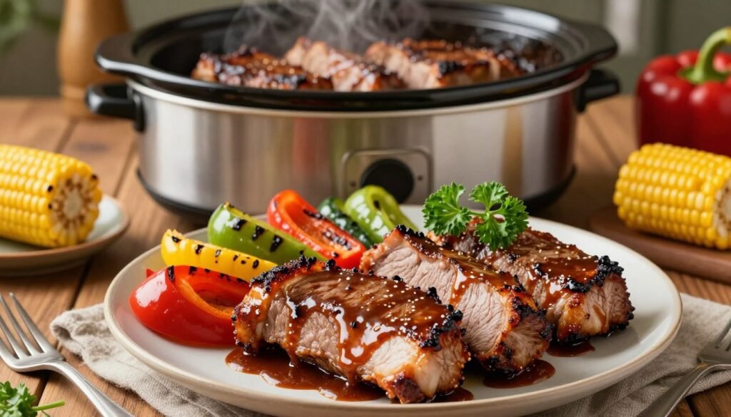 A beautifully arranged plate of BBQ pork steaks, glistening with a rich, smoky barbecue sauce that cascades over the tender meat, highlighting its fall-apart texture. The foreground features a close-up of the pork steaks, garnished with fresh parsley and served alongside a colorful medley of grilled vegetables like bell peppers and corn on the cob. In the middle ground, a slow cooker is visible, filled with more succulent pork steaks, steaming slightly to suggest warmth and flavor. The background includes a rustic wooden table, enhancing the homey, comforting atmosphere, softly illuminated by warm, ambient lighting that evokes a cozy kitchen setting. The overall mood is inviting and appetizing, ideal for a slow cooker recipe. A beautifully arranged plate of BBQ pork steaks, glistening with a rich, smoky barbecue sauce that cascades over the tender meat, highlighting its fall-apart texture. The foreground features a close-up of the pork steaks, garnished with fresh parsley and served alongside a colorful medley of grilled vegetables like bell peppers and corn on the cob. In the middle ground, a slow cooker is visible, filled with more succulent pork steaks, steaming slightly to suggest warmth and flavor. The background includes a rustic wooden table, enhancing the homey, comforting atmosphere, softly illuminated by warm, ambient lighting that evokes a cozy kitchen setting. The overall mood is inviting and appetizing, ideal for a slow cooker recipe.