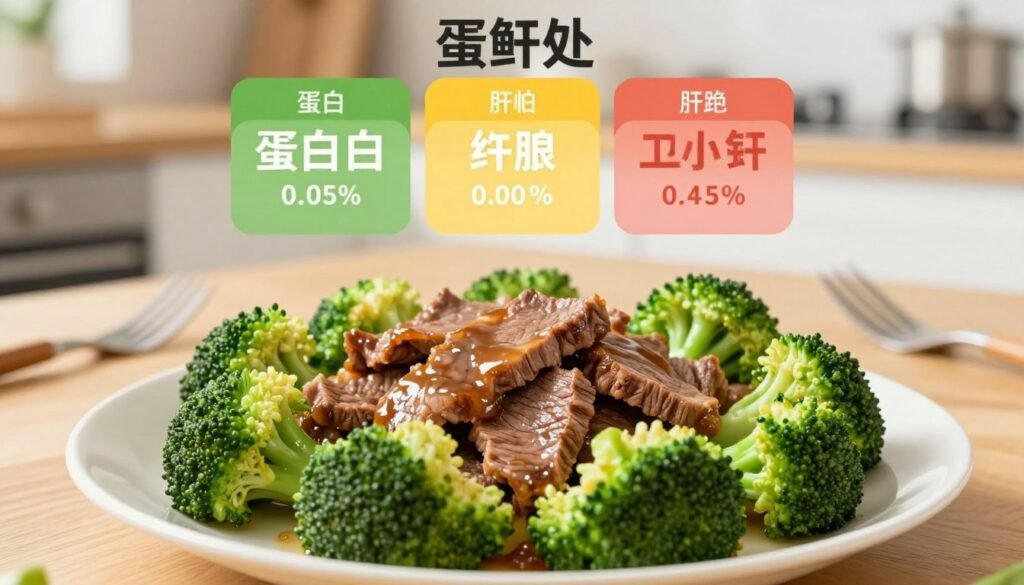 A beautifully arranged plate of juicy beef and vibrant broccoli, showcasing the key ingredients of a stir fry. In the foreground, the beef is sliced thin, glistening with a savory glaze, surrounded by bright green, lightly steamed broccoli florets. The middle ground features a colorful representation of the nutritional breakdown, such as protein, fiber, and vitamin content, depicted as appealing infographic-style segments. The background is a soft, warm kitchen setting with natural light filtering in, highlighting a wooden dining table and subtle utensils. The overall mood is fresh and inviting, aiming to promote a healthy dining experience while focusing on nutrition. The composition should have a clean, modern aesthetic without any text or distractions. A beautifully arranged plate of juicy beef and vibrant broccoli, showcasing the key ingredients of a stir fry. In the foreground, the beef is sliced thin, glistening with a savory glaze, surrounded by bright green, lightly steamed broccoli florets. The middle ground features a colorful representation of the nutritional breakdown, such as protein, fiber, and vitamin content, depicted as appealing infographic-style segments. The background is a soft, warm kitchen setting with natural light filtering in, highlighting a wooden dining table and subtle utensils. The overall mood is fresh and inviting, aiming to promote a healthy dining experience while focusing on nutrition. The composition should have a clean, modern aesthetic without any text or distractions.