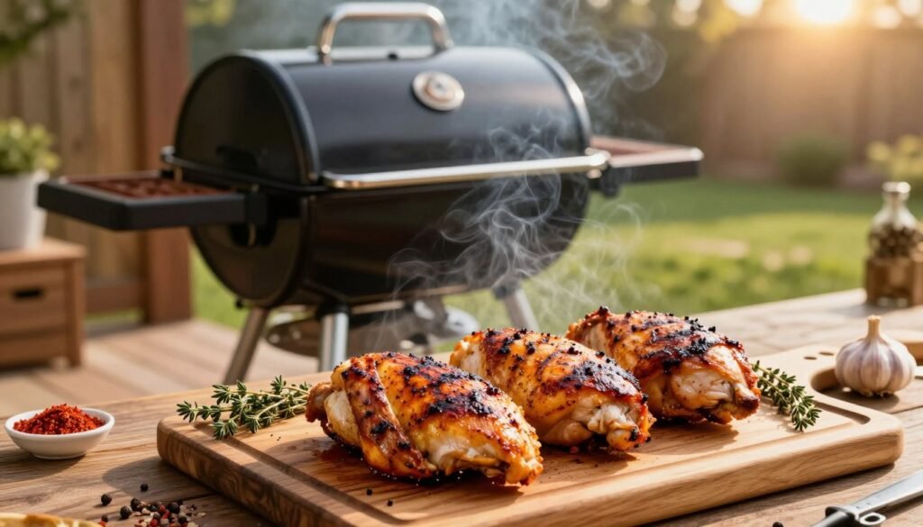 A beautifully arranged scene of a pellet grill with seasoned chicken breasts prepared for smoking. In the foreground, a close-up view of juicy, marinated chicken breasts resting on a wooden cutting board, surrounded by spices and herbs like paprika, garlic, and thyme. In the middle, a shiny, modern pellet grill is smoking gently, with wisps of aromatic smoke escaping from the grill's lid. The background features a warm, rustic outdoor setting, with a wooden deck and soft green grass, illuminated by golden, late afternoon sunlight. The atmosphere is inviting and cozy, evoking the joy of backyard cooking. Focus on vibrant colors and textures, emphasizing the deliciousness of the grilled chicken and the inviting, wholesome environment.