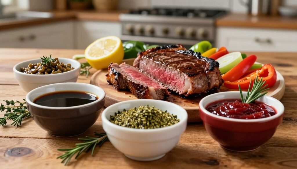 A beautifully arranged selection of classic London Broil marinades displayed on a rustic wooden table. The foreground features small bowls filled with vibrant ingredients: a tangy soy sauce mixture, a zesty lemon-herb blend, and a rich red wine marinade, garnished with fresh herbs like rosemary and thyme. In the middle, a perfectly cooked London Broil steak glistens, sliced to reveal its juicy interior, surrounded by colorful vegetables like bell peppers and onions. In the background, a warm kitchen atmosphere is suggested with soft, natural lighting that creates an inviting and cozy mood. The image is captured at a close angle to emphasize texture and rich colors, setting the scene for a classic culinary experience.