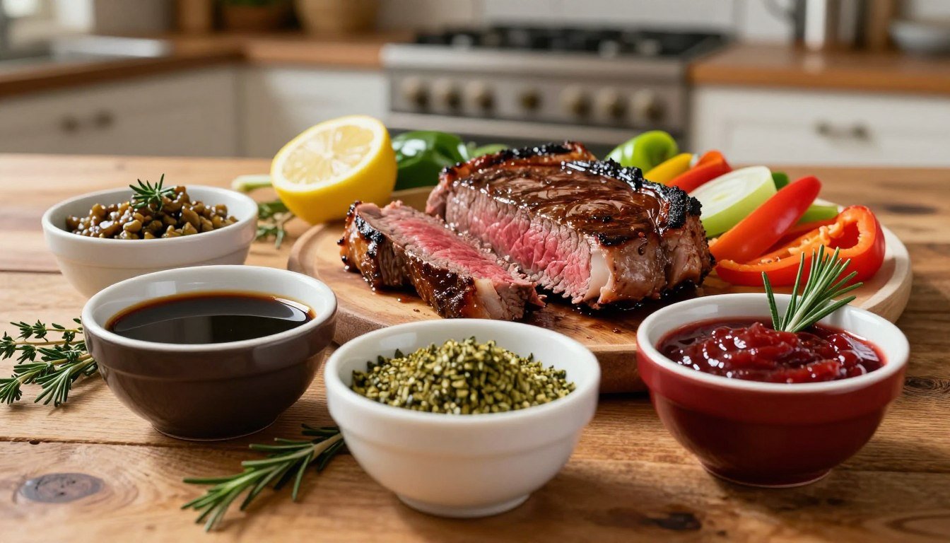 A beautifully arranged selection of classic London Broil marinades displayed on a rustic wooden table. The foreground features small bowls filled with vibrant ingredients: a tangy soy sauce mixture, a zesty lemon-herb blend, and a rich red wine marinade, garnished with fresh herbs like rosemary and thyme. In the middle, a perfectly cooked London Broil steak glistens, sliced to reveal its juicy interior, surrounded by colorful vegetables like bell peppers and onions. In the background, a warm kitchen atmosphere is suggested with soft, natural lighting that creates an inviting and cozy mood. The image is captured at a close angle to emphasize texture and rich colors, setting the scene for a classic culinary experience.