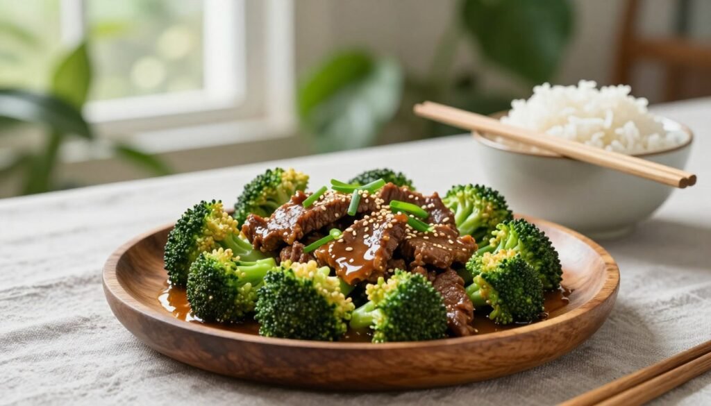 A beautifully arranged serving of beef and broccoli stir fry, showcasing tender pieces of marinated beef and bright green broccoli, glistening with a savory sauce. In the foreground, a rustic wooden plate holds a generous portion of the dish, garnished with sesame seeds and scallions for added color. Complementing the main dish, a small bowl of steamed white rice is placed to the side, with chopsticks elegantly resting on top. In the middle, a vibrant table setting with a light gray linen tablecloth and a soft-focus, blurred background filled with lush plants and natural light pouring in from a nearby window, creating a warm and inviting atmosphere. The overall mood is cozy and appetizing, aimed at enticing viewers to enjoy a delightful homemade meal. A beautifully arranged serving of beef and broccoli stir fry, showcasing tender pieces of marinated beef and bright green broccoli, glistening with a savory sauce. In the foreground, a rustic wooden plate holds a generous portion of the dish, garnished with sesame seeds and scallions for added color. Complementing the main dish, a small bowl of steamed white rice is placed to the side, with chopsticks elegantly resting on top. In the middle, a vibrant table setting with a light gray linen tablecloth and a soft-focus, blurred background filled with lush plants and natural light pouring in from a nearby window, creating a warm and inviting atmosphere. The overall mood is cozy and appetizing, aimed at enticing viewers to enjoy a delightful homemade meal.